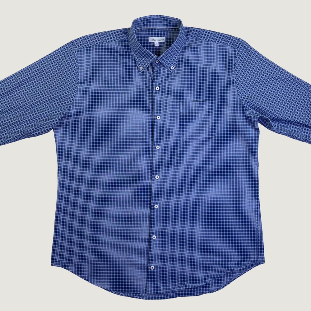Peter Millar Mens Blue Micro Check Cashmere Blend Button Down Shirt Large - Picture 3 of 13